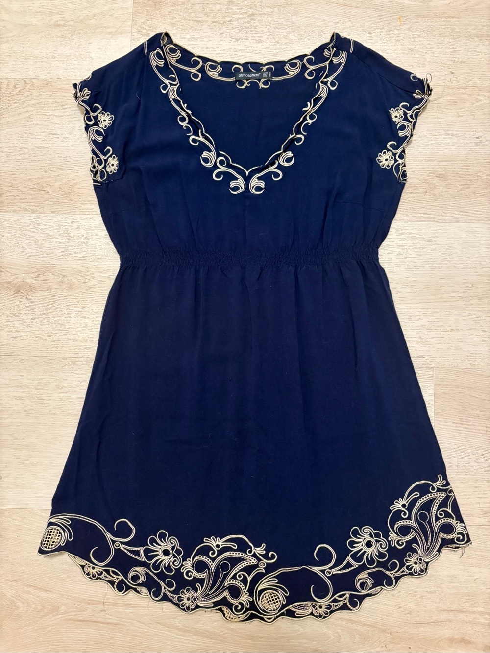 Atmosphere Navy Top with Cream Embroidered Detail